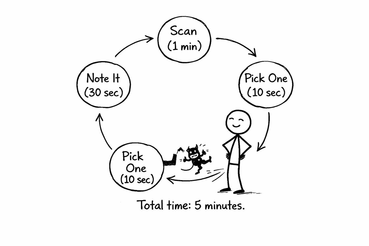 A hand-drawn black-and-white whiteboard illustration of a circular productivity loop with four steps connected by arrows: “Scan (1 min),” “Pick One (10 sec),” “Execute (3–4 min),” and “Note It (30 sec).” A smiling stick figure stands near the Execute step, kicking out a small cartoon demon. Text below reads “Total time: 5 minutes,” emphasizing a simple, low-friction task system. A hand-drawn black-and-white whiteboard illustration of a circular productivity loop with four steps connected by arrows: “Scan (1 min),” “Pick One (10 sec),” “Execute (3–4 min),” and “Note It (30 sec).” A smiling stick figure stands near the Execute step, kicking out a small cartoon demon. Text below reads “Total time: 5 minutes,” emphasizing a simple, low-friction task system.