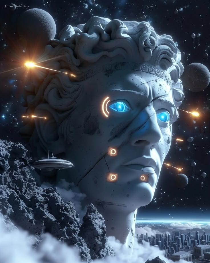 This may contain: an image of a man's head with blue eyes and planets in the background