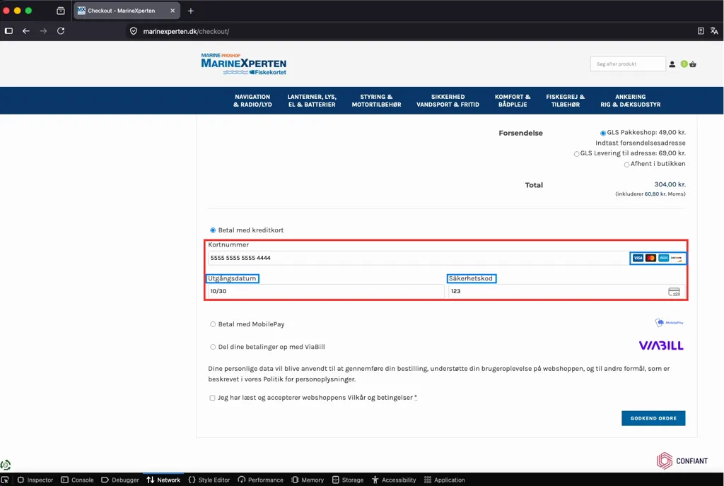 Fake card form injected into a Danish WooCommerce checkout by the Magecart skimmer