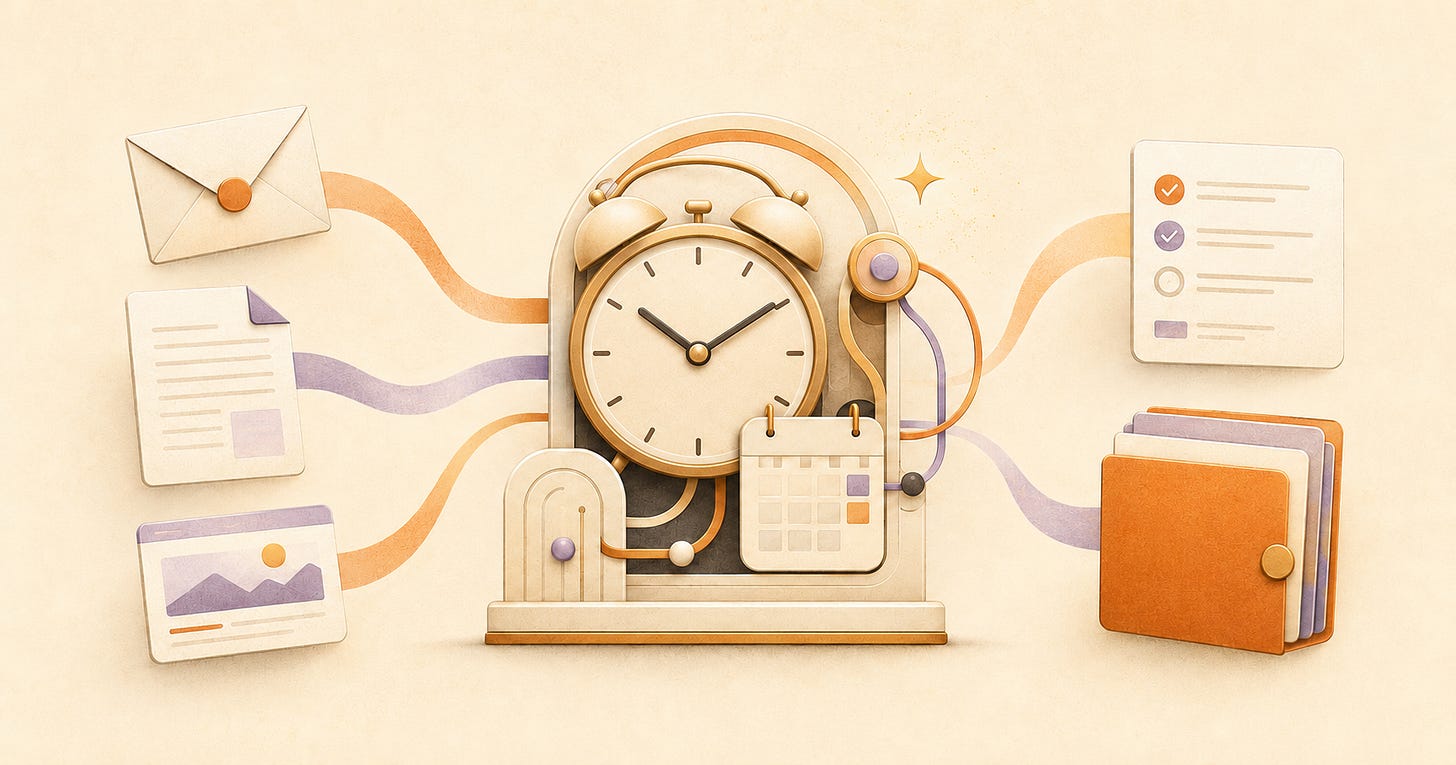 Illustration of scheduled tasks in AI with various inputs and outputs