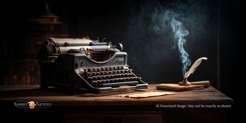 An old typewriter with smoke curling upward in a writer’s study.