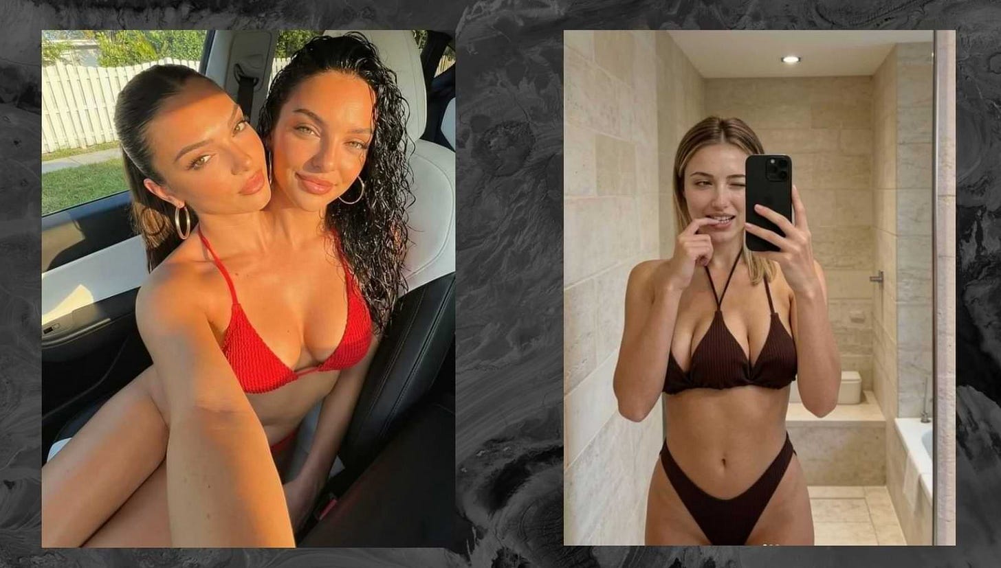Side-by-side AI-generated Instagram-style photos: on the left, two nearly identical women in red bikinis pose tightly together in a car selfie, resembling conjoined twins; on the right, a woman in a brown bikini takes a bathroom mirror selfie with three digitally created breasts, illustrating how surreal, sexualized bodies are being used to attract attention on social platforms. Side-by-side AI-generated Instagram-style photos: on the left, two nearly identical women in red bikinis pose tightly together in a car selfie, resembling conjoined twins; on the right, a woman in a brown bikini takes a bathroom mirror selfie with three digitally created breasts, illustrating how surreal, sexualized bodies are being used to attract attention on social platforms.