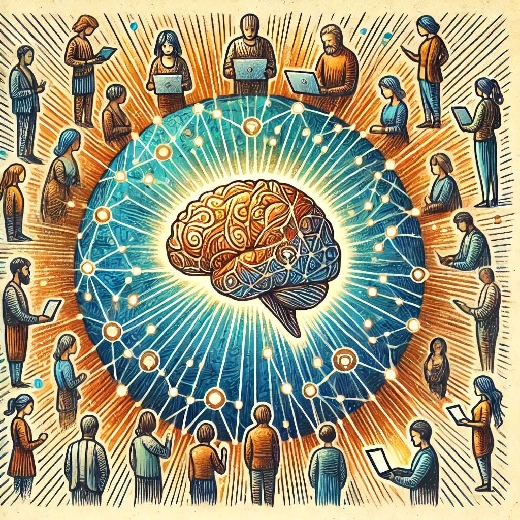 A vibrant, hand-drawn illustration in a sketch-art style highlighting the universal availability of AI. The central focus is a glowing AI brain surrounded by a globe with radiating connection lines reaching out to diverse people from all walks of life. The individuals are depicted in an artistic, sketch-like way, holding devices like laptops, tablets, and smartphones, symbolizing access to AI tools. The globe features a textured, organic look with artistic shading and cross-hatching. The color palette is warm and inviting, with gold, blue, and earthy tones to emphasize community and global connectivity.