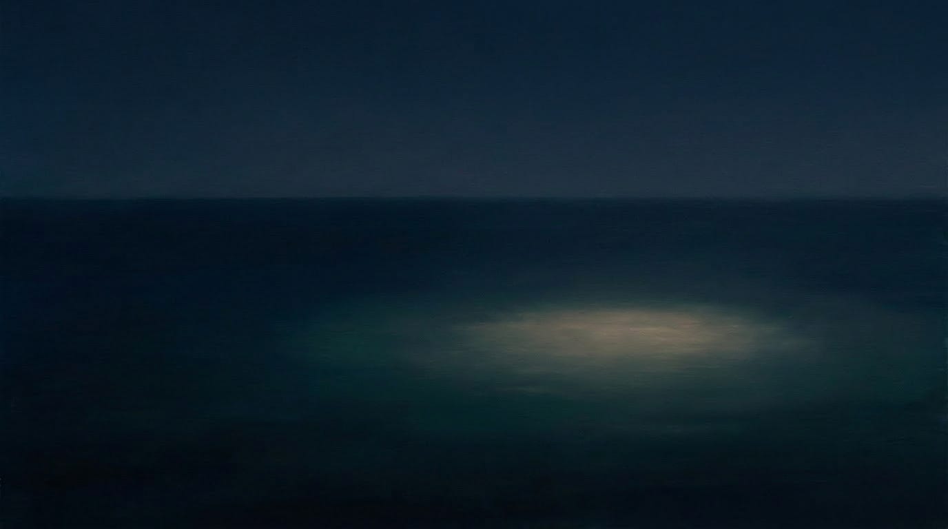 A near-black scene with a single soft warm glow of light settling low in the frame, suggesting something arriving or landing quietly in the dark. AI-generated illustration.