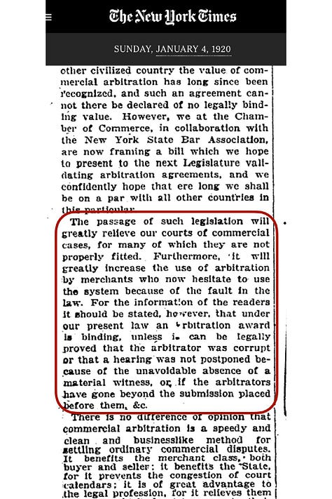 Imagens do artigo publicado no New York Times em 4 de janeiro de 1920, defendendo a arbitragem como instrumento essencial para a resolução de disputas comerciais e a preservação da ordem civilizada. O texto ressalta a importância de considerar contratos livremente firmados como sagrados. As páginas também incluem anúncios da época, como o de um gramofone Columbia Grafonola.