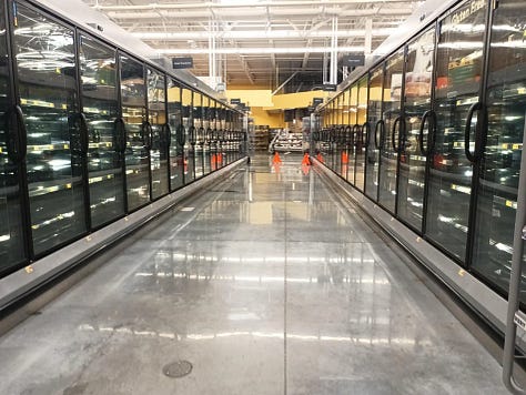 Images of empty hallways, cafeterias, supermarket aisles, and a pool.