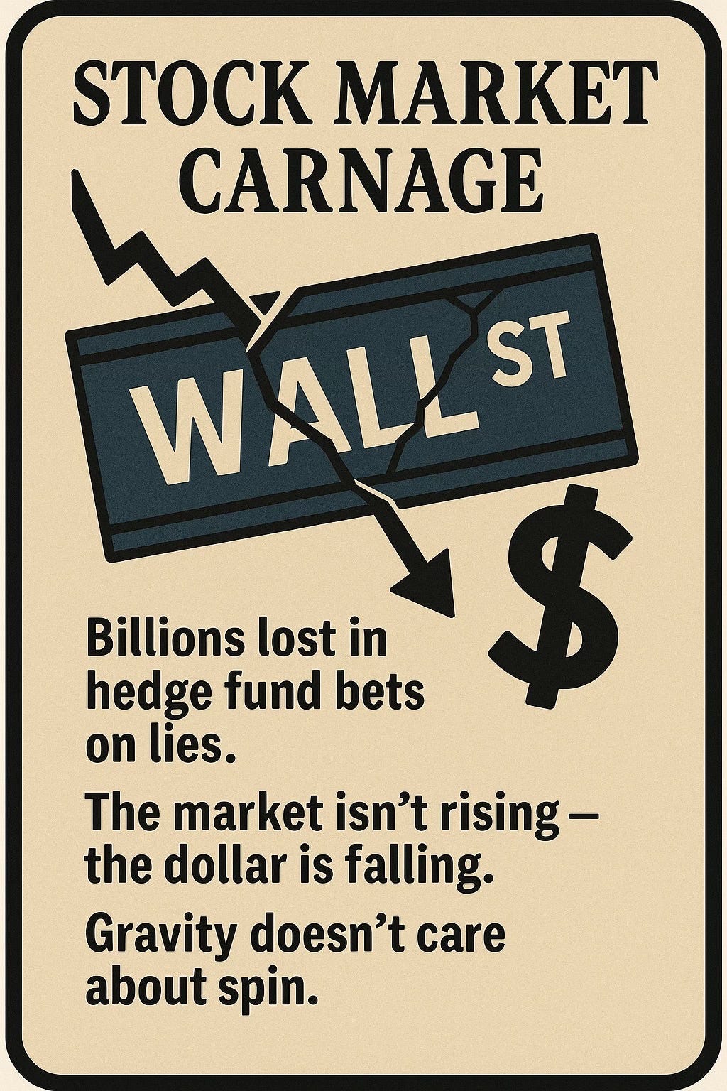 Card with broken Wall St ticker and falling dollar sign.