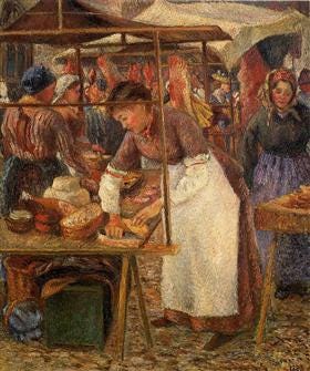 A young woman sells pork at a stall in a busy French market street A young woman sells pork at a stall in a busy French market street