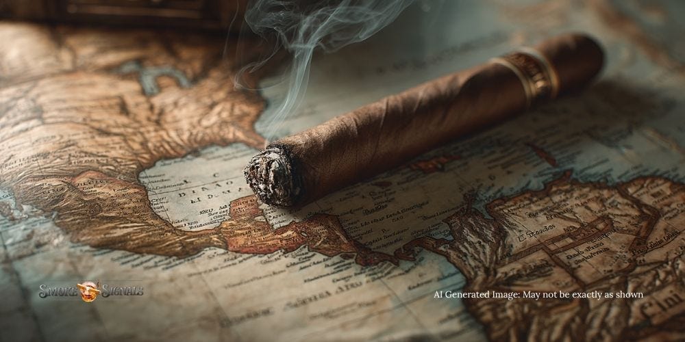 Vintage world map with a lit cigar resting across the Caribbean and Central America.