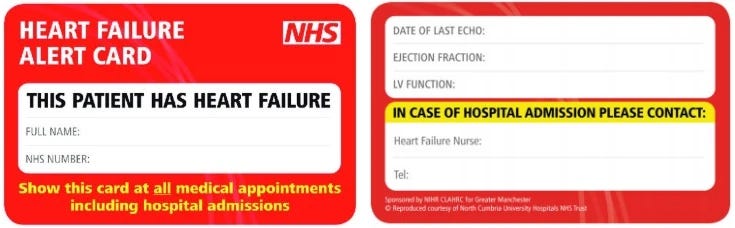 Front and back of a bright red card, titled "HEART FAILURE ALERT CARD", with patient details and THIS PATIENT HAS HEART FAILURE clearly displayed. Front and back of a bright red card, titled "HEART FAILURE ALERT CARD", with patient details and THIS PATIENT HAS HEART FAILURE clearly displayed.