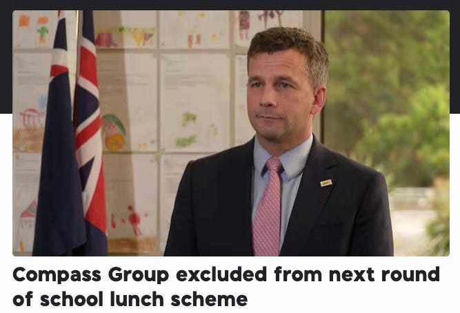 Headline: "Compass Group excluded from next round of school lunch scheme." Headline: "Compass Group excluded from next round of school lunch scheme."