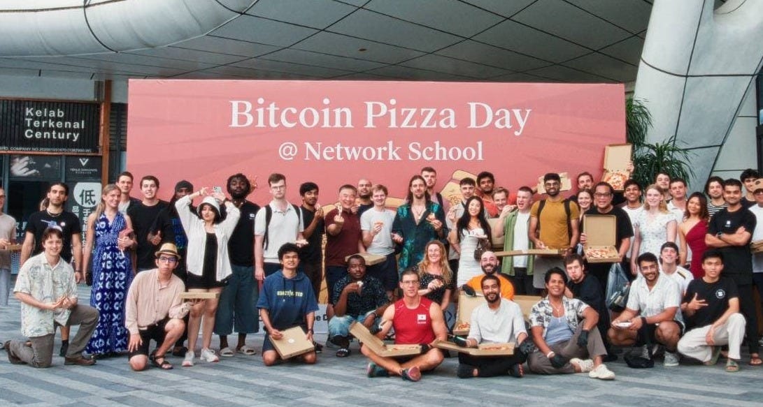 NSers gathered under the Bitcoin Pizza Day @ Network School banner.
