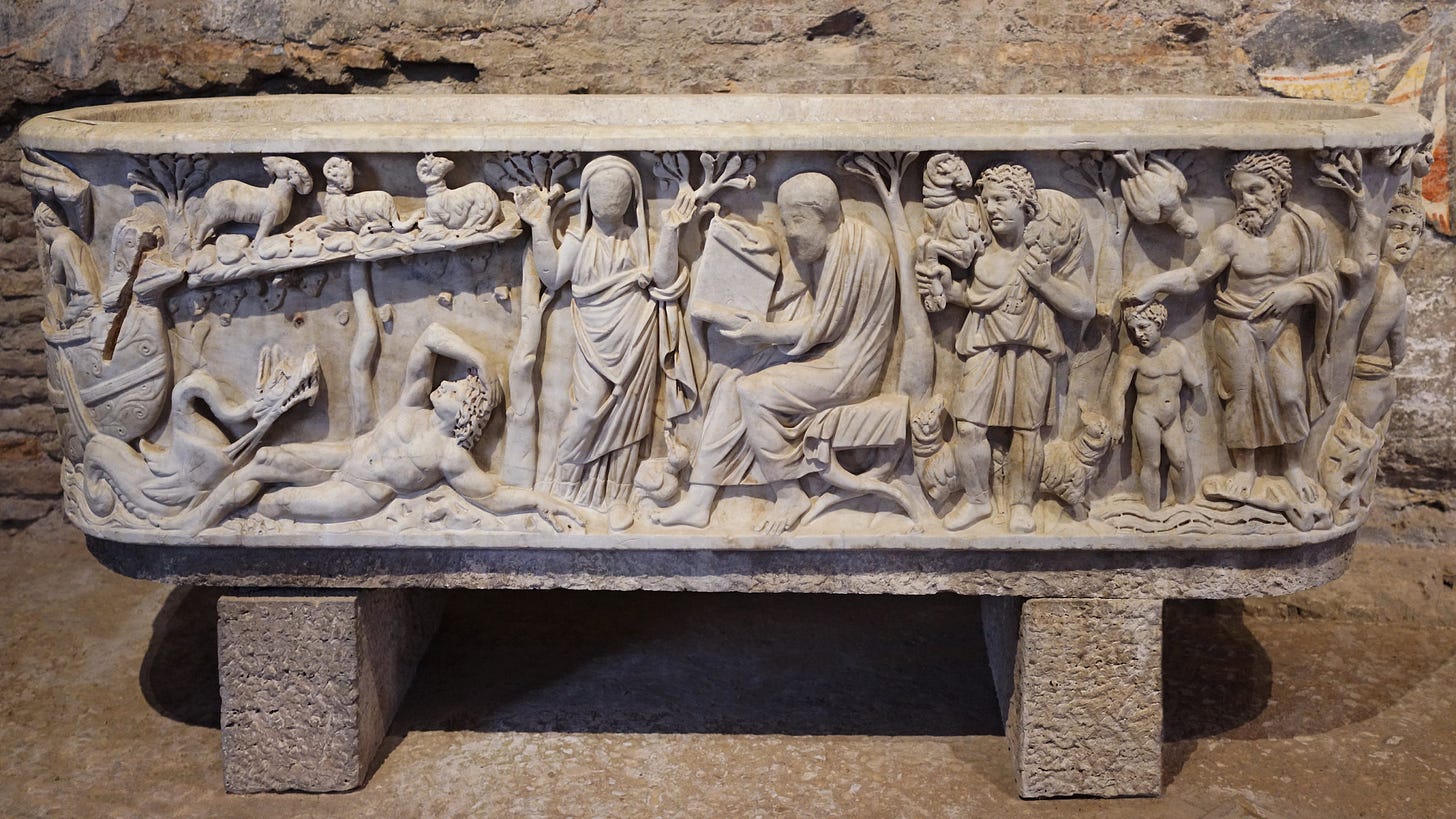 Santa Maria Antiqua Sarcophagus, c. 275 C.E., white veined marble, found under the floor of Santa Maria Antiqua, Rome (Santa Maria Antiqua, Rome; photo: Steven Zucker, CC BY-NC-SA 2.0) Santa Maria Antiqua Sarcophagus, c. 275 C.E., white veined marble, found under the floor of Santa Maria Antiqua, Rome (Santa Maria Antiqua, Rome; photo: Steven Zucker, CC BY-NC-SA 2.0)