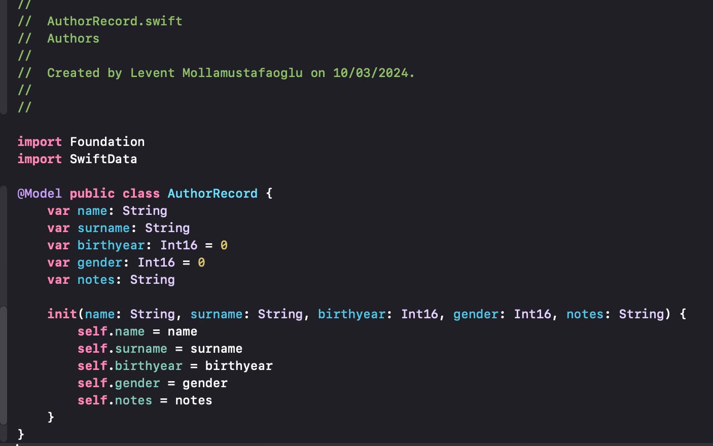 Defining a data class with SwiftData