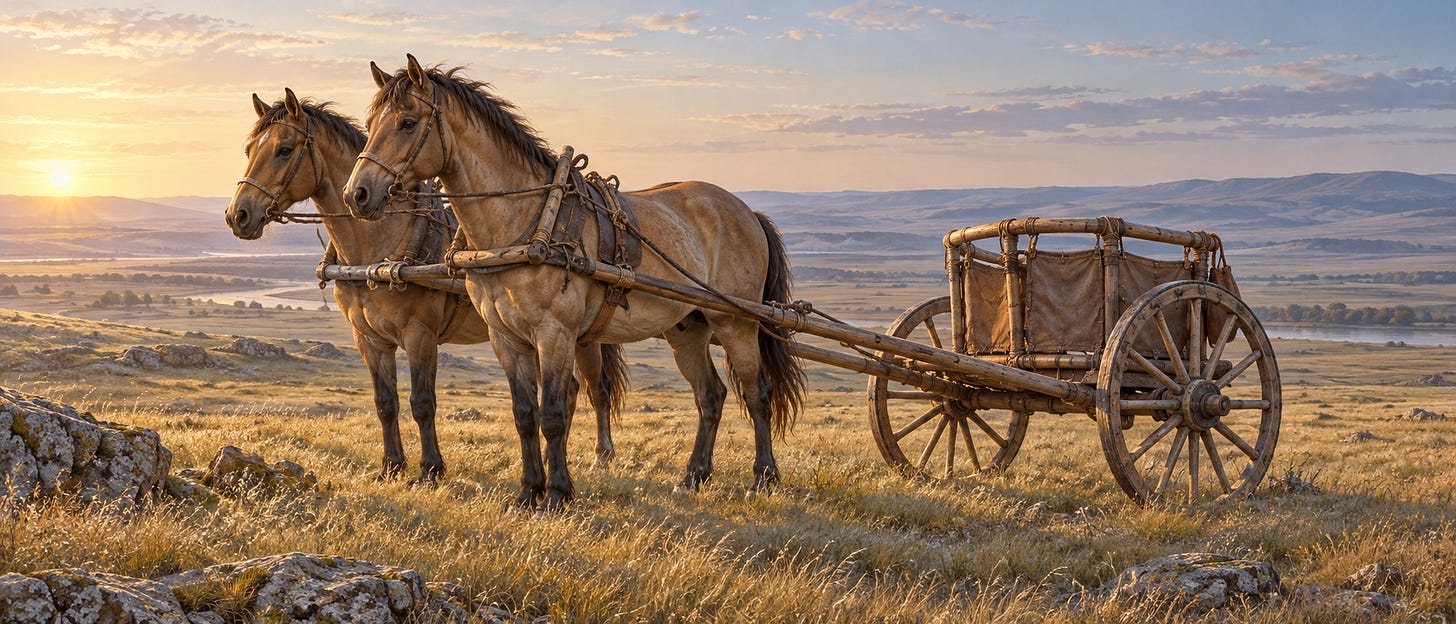Historical artist’s impression of two horses harnessed to a light, wooden, two-wheeled chariot with spoked wheels on open grassland at sunrise.
