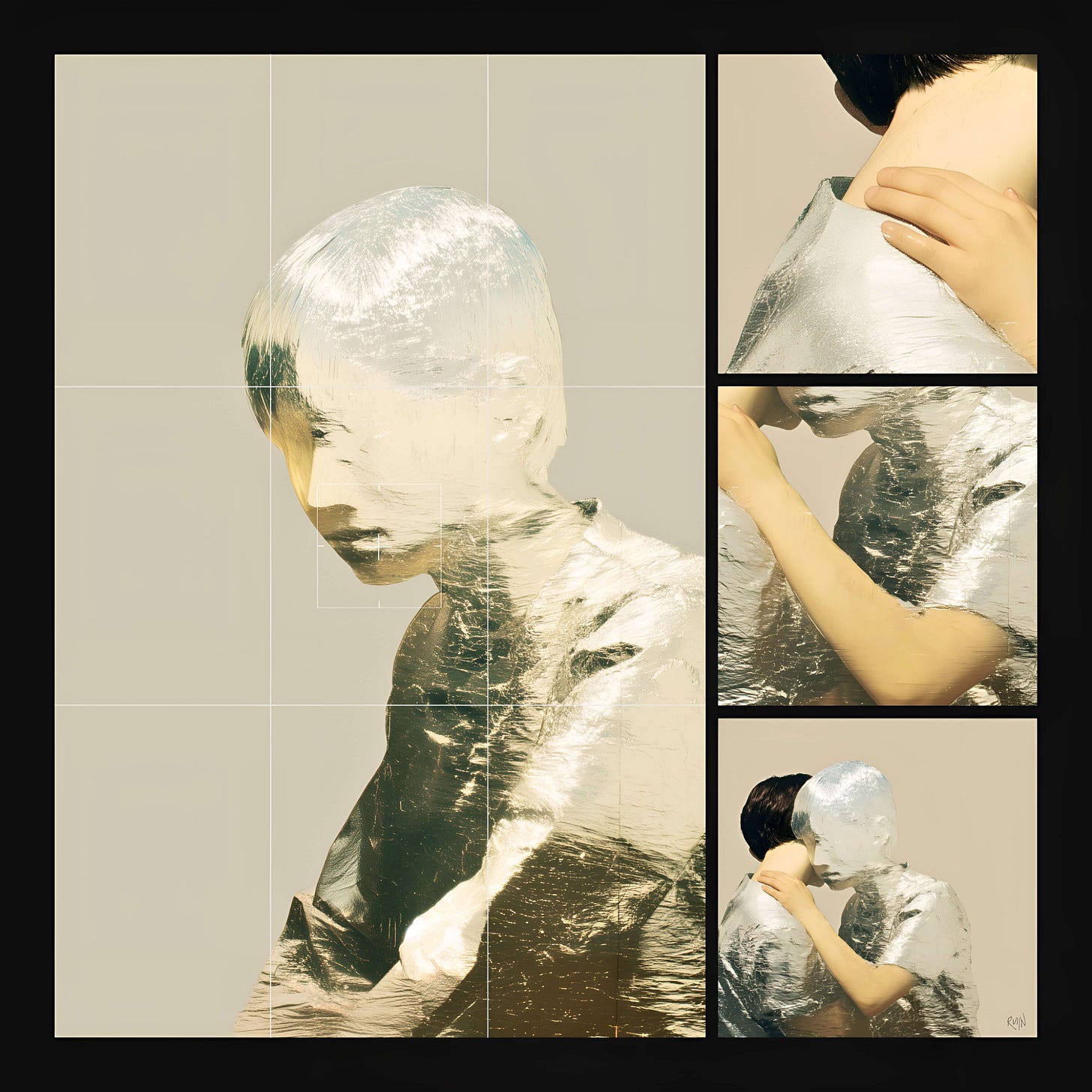 A multi-panel visual study of “The Boyhood Sacrament” by RUIIN, framed as a camera searching for its subject within a black border. On the left, a large neutral-beige panel displays a foil-textured boy bowing his head slightly with a reflective gold-and-silver sheen, caught within fine white camera grid lines and viewfinder crosshairs. The right side features three stacked, fragmented crops that dissect the scene to reveal the frame’s blind spots: a close-up of a hand resting on the back of a neck, a close-up of a bent elbow, and a wider view of two boys locked in a quiet, intimate embrace. Part of the Viewlines series at The Subtext Review.