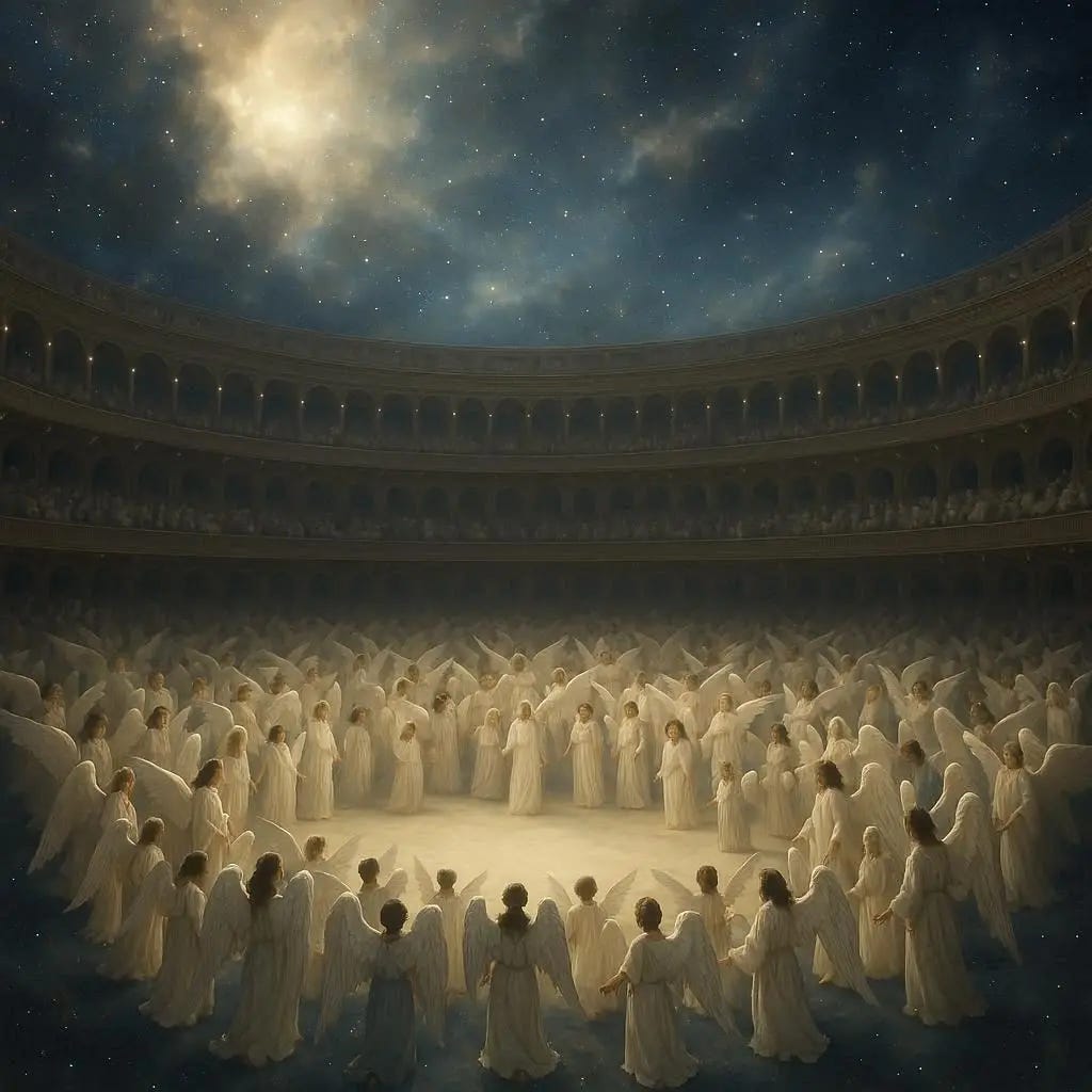 a massive round theater with a huge empty stage in the middle holding countless diverse angels. theater is floating in a bright space area. realistic. heavenly.