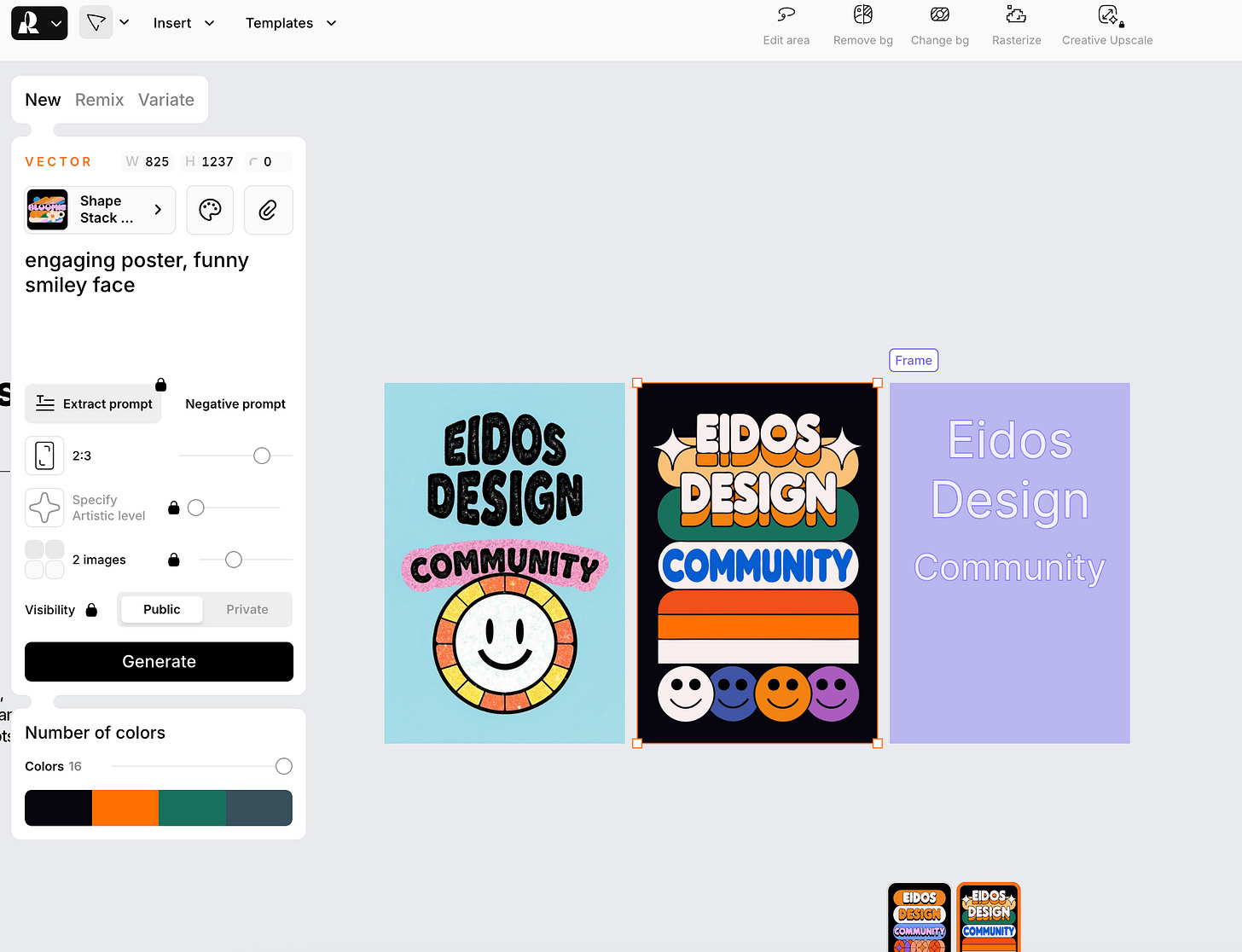 Screenshot of Recraft showing its canvas and editing tools.