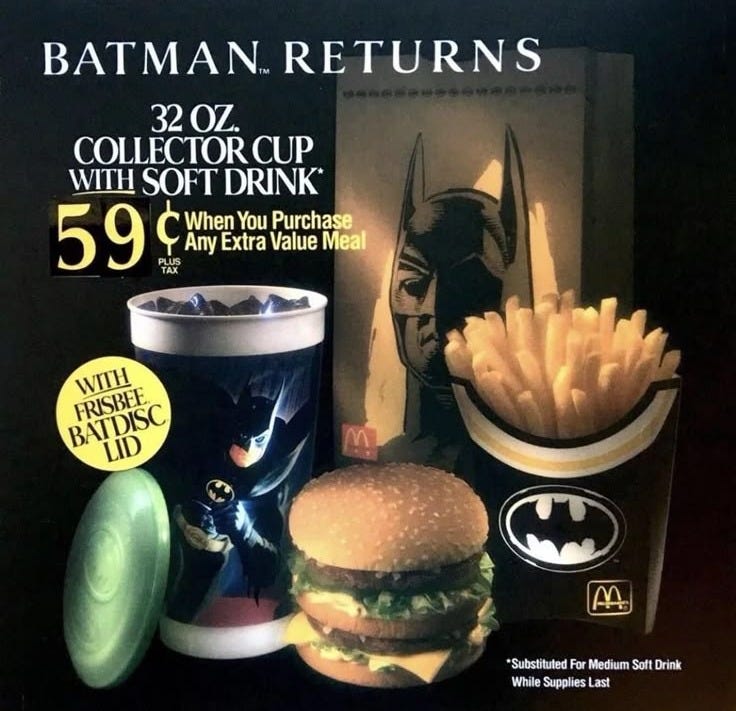 This may contain: an advertisement for batman returns featuring a burger and fries
