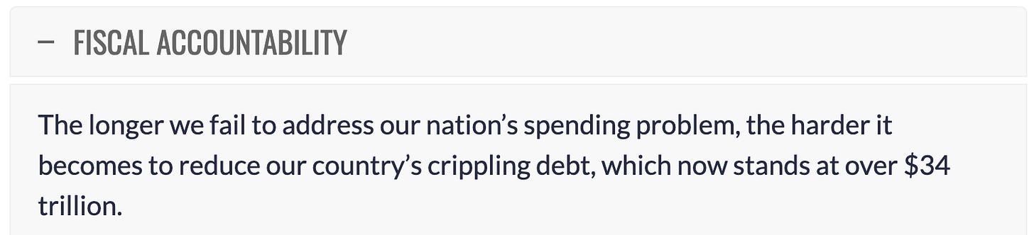 From Rob Wittman's campaign website: "Fiscal Accountability. The longer we fail to address our nation’s spending problem, the harder it becomes to reduce our country’s crippling debt, which now stands at over $34 trillion." From Rob Wittman's campaign website: "Fiscal Accountability. The longer we fail to address our nation’s spending problem, the harder it becomes to reduce our country’s crippling debt, which now stands at over $34 trillion."