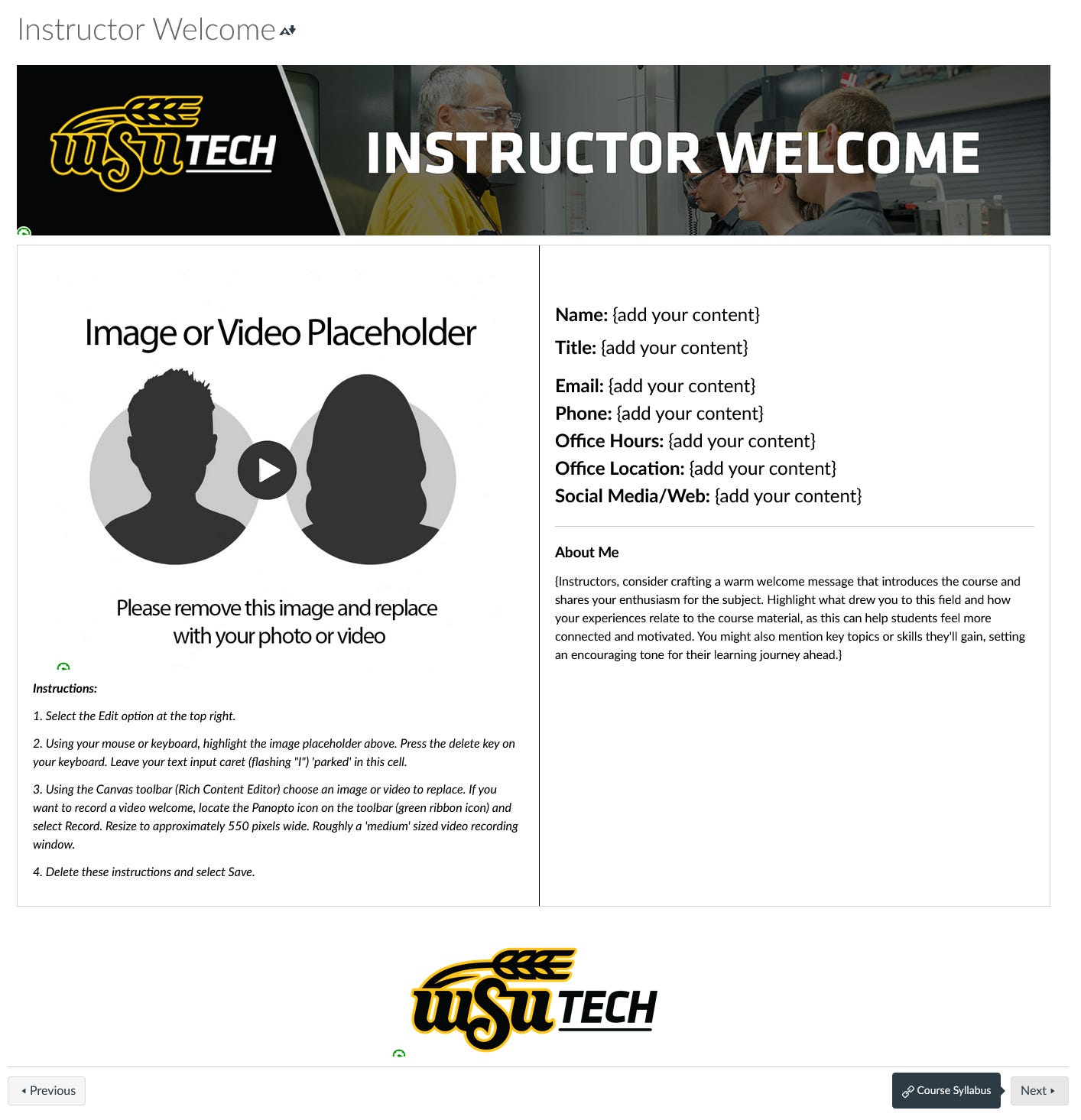 Instructor Welcome screen shot