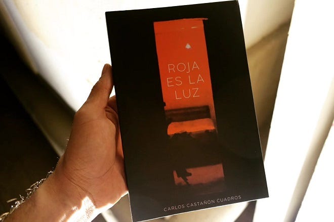 UNA MANO SOSTIENE EL LIBRO 'ROJA ES LA LUZ' DE CARLOS CASTAÑÓN
