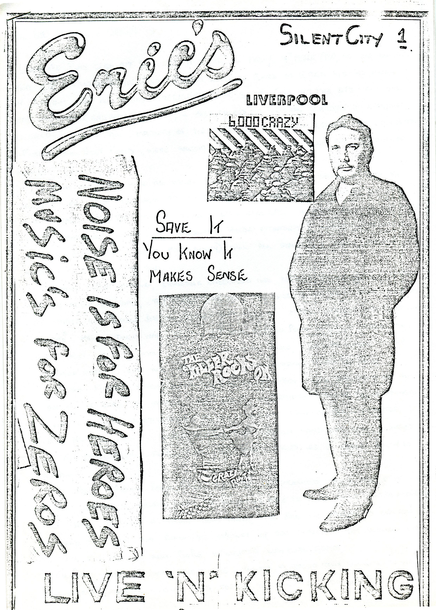 The fanzine-style cover of a leaflet titled “Silent city 1”. It includes the Eric’s logo and the words “Save it. You know it makes sense.”
