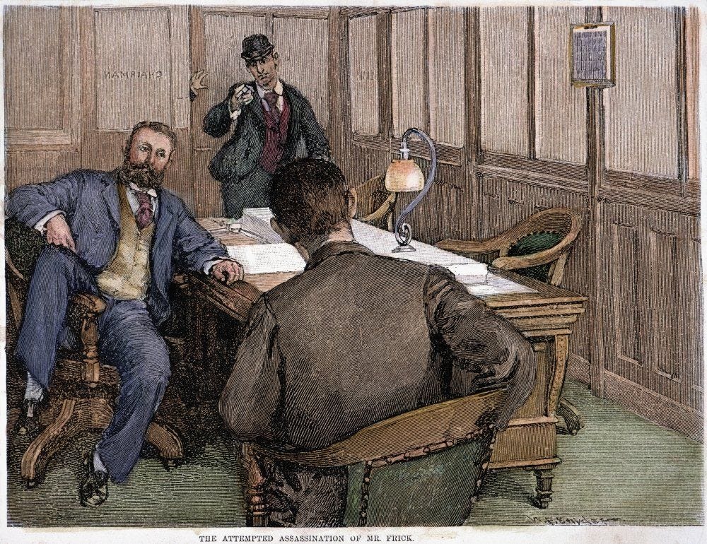 Drawing depicting the attempted assassination of Henry Clay Frick shows Fricking sitting in a chair at a wooden desk with his back to the door as Alexander Berkman barges in with a gun pointed at Frick