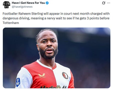 Raheem Sterling faces a court date for dangerous driving, potentially affecting his points with Tottenham.

AI-generated content may be incorrect.
