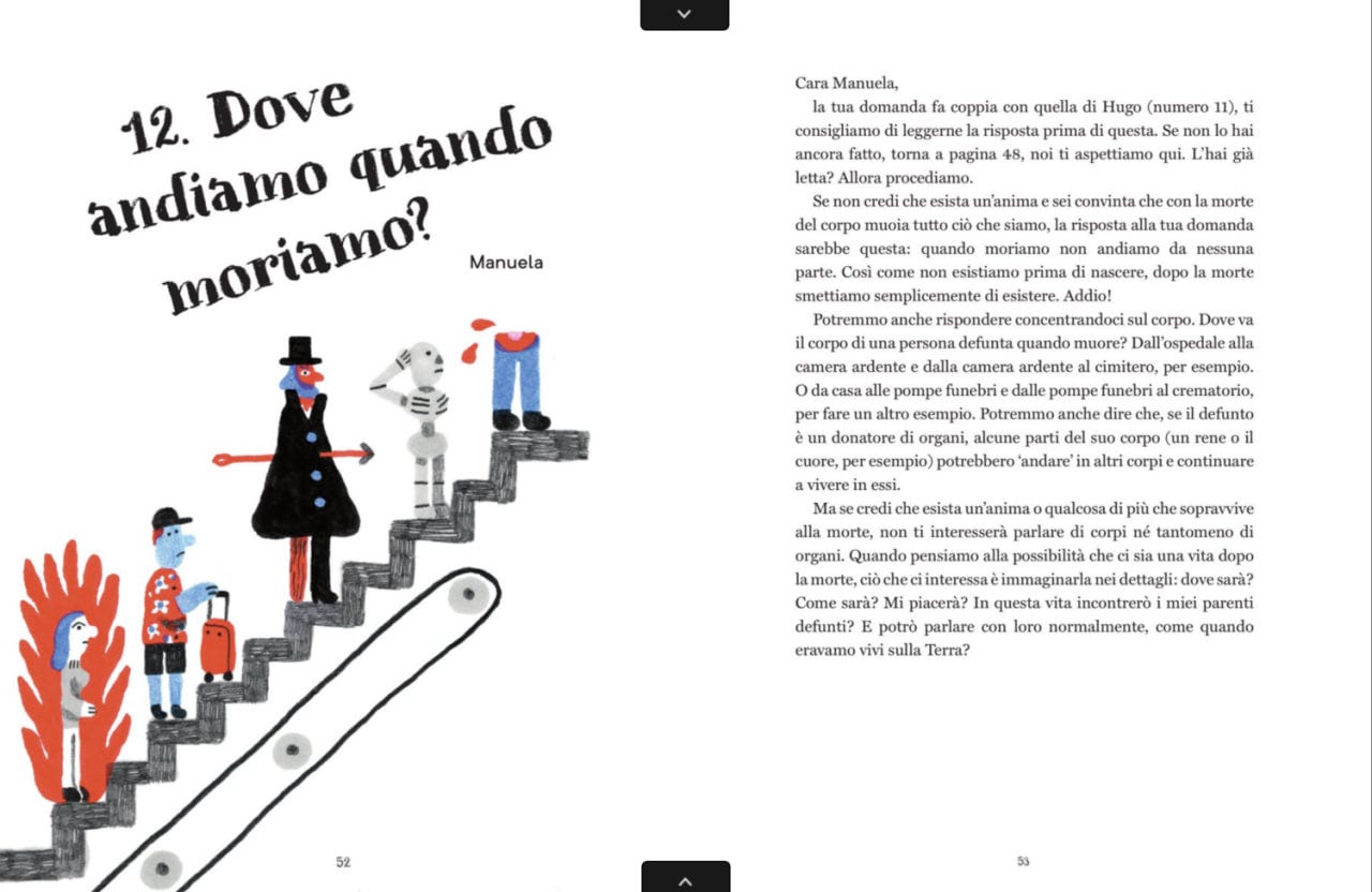 Doppia pagina di un libro illustrato. A sinistra, il titolo "12. Dove andiamo quando moriamo?" sovrasta un'illustrazione di personaggi bizzarri (una donna tra le fiamme, un turista, un signore distinto, uno scheletro e un busto senza testa) che salgono una scala mobile verso l'alto. A destra, un lungo testo di risposta indirizzato a Manuela esplora diverse visioni della morte, da quella materiale a quella spirituale. Doppia pagina di un libro illustrato. A sinistra, il titolo "12. Dove andiamo quando moriamo?" sovrasta un'illustrazione di personaggi bizzarri (una donna tra le fiamme, un turista, un signore distinto, uno scheletro e un busto senza testa) che salgono una scala mobile verso l'alto. A destra, un lungo testo di risposta indirizzato a Manuela esplora diverse visioni della morte, da quella materiale a quella spirituale.