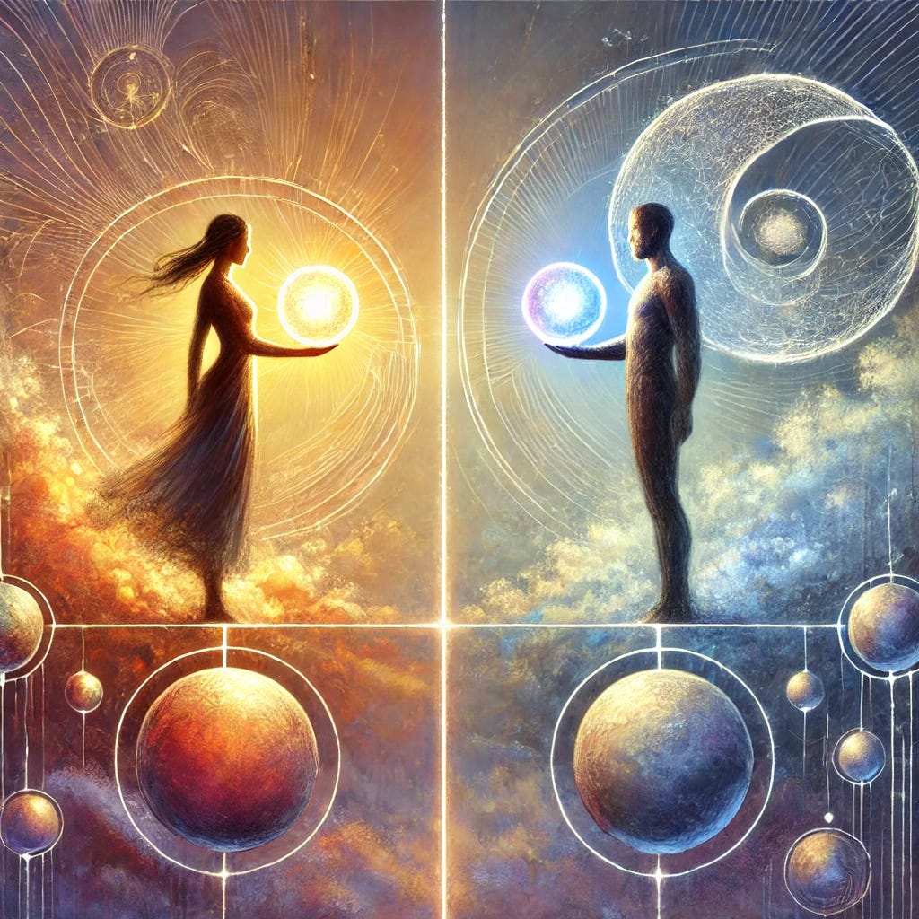 A conceptual image representing the balance of individual needs with societal well-being in relationships. Two figures stand side by side in a symbolic landscape, one holding a bright, glowing sphere symbolizing personal needs and desires, while the other holds a larger, more diffuse sphere representing social responsibility and community. Between them is a delicate line, symbolizing the balance between authentic self-expression and social responsibility. The background is a blend of soft, interconnected colors, suggesting harmony and introspection. Both figures look contemplative, gazing at their spheres, with subtle symbols of relationship and philosophy in the background.