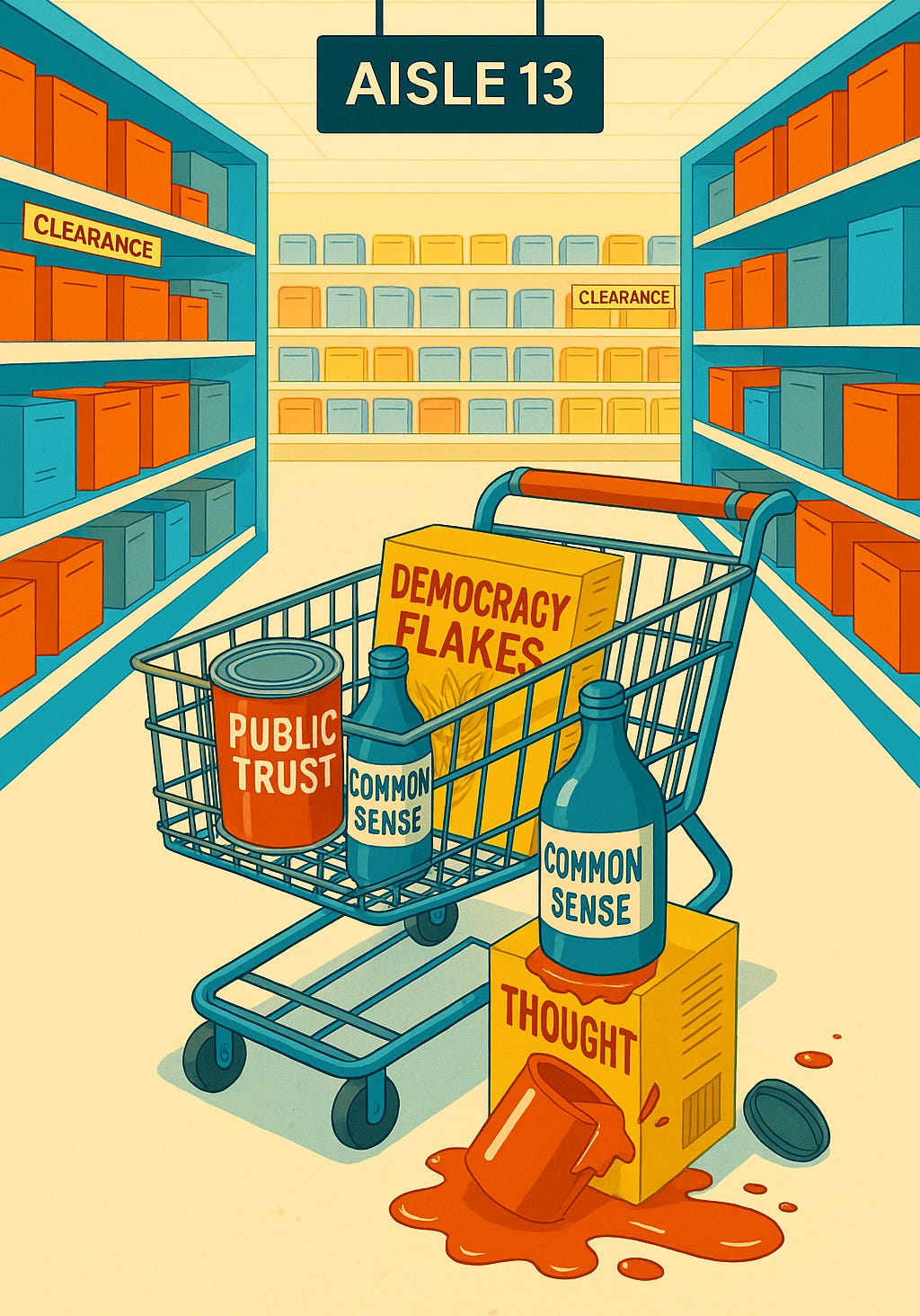 A grocery store aisle labeled "Aisle 13" with "Clearance" signs on both sides. A shopping cart contains a cereal box labeled "Democracy Flakes," a can labeled "Public Trust," and two bottles labeled "Common Sense." One bottle has spilled onto a yellow box labeled "Thought," leaving a red puddle on the floor.