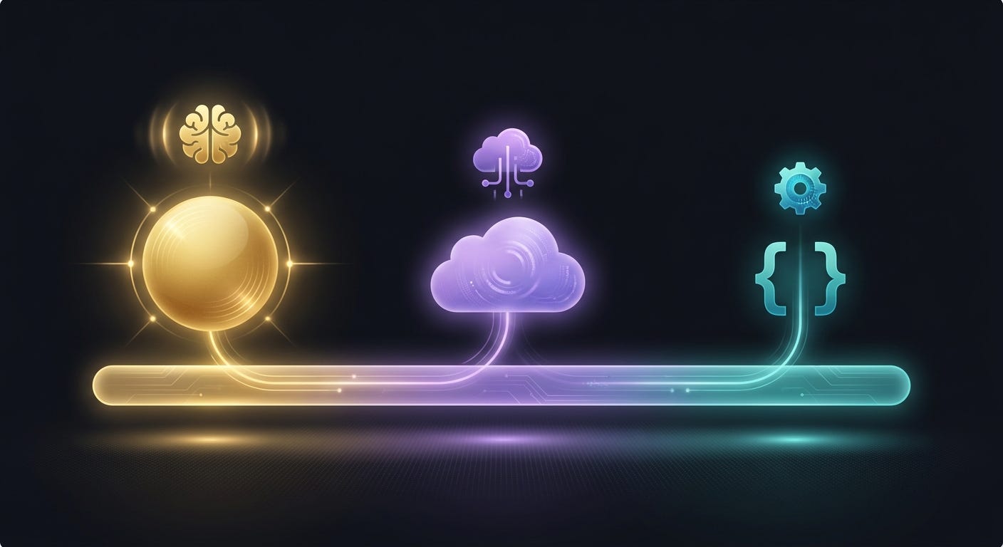 Agentic AI checker strategy spectrum: gold model-call node on the left for highest quality, purple platform-managed cloud node in the center, teal code-bracket node on the right for zero-cost deterministic checks: matching checker type to AI agent verification need