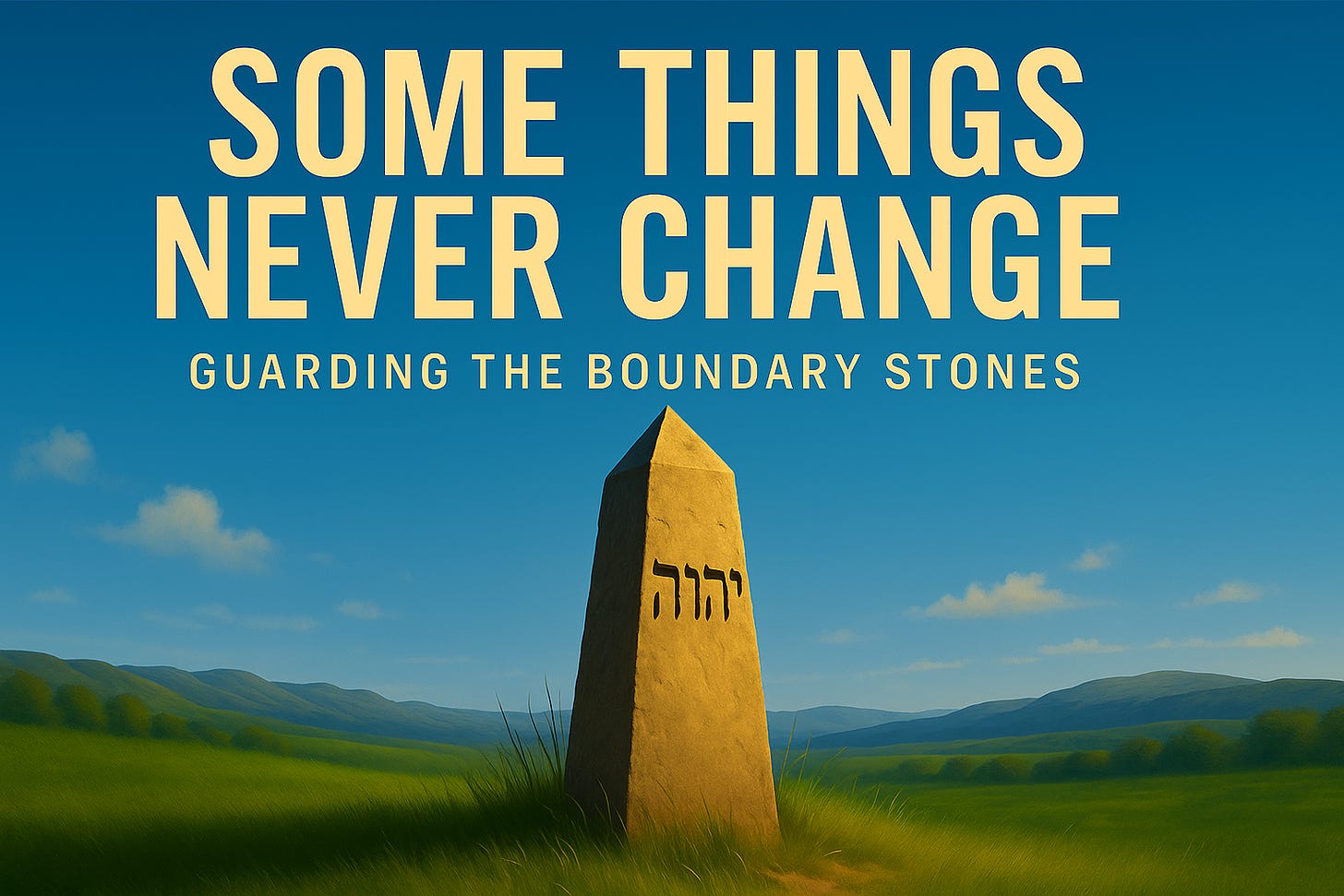 “Some Things Never Change: Guarding Boundary Stones” banner image: A digital illustration of an ancient stone obelisk standing in a grassy landscape. The scene evokes timelessness and spiritual defiance, symbolizing unshakable truths and enduring faith in an age of cultural drift.
