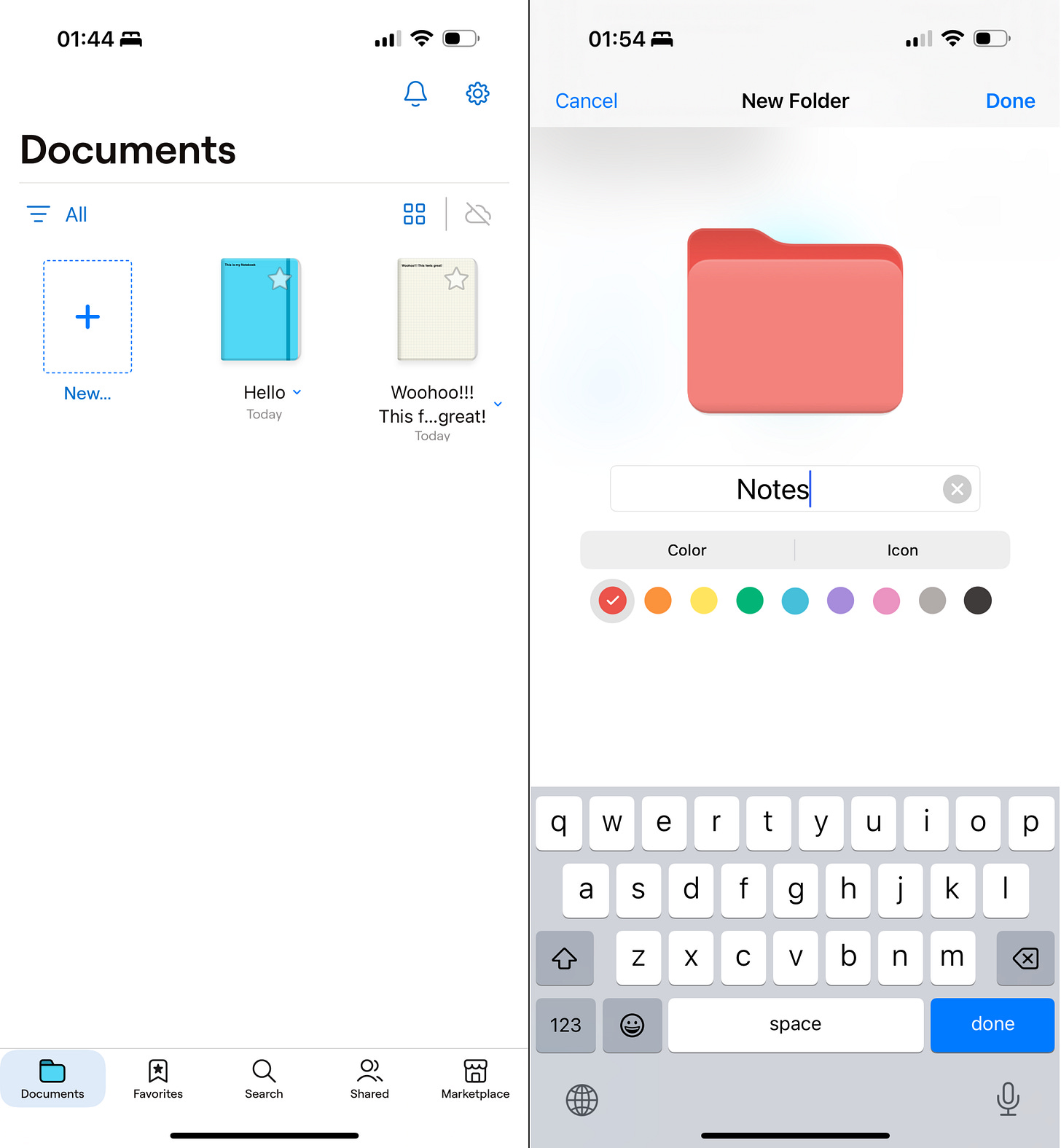 Documents and New Folder Screens.