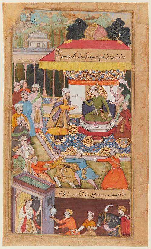 Interior scene of an enthroned prince in green converses with a sage, while a man is dragged out of the court, other figures occupy the scene. Interior scene of an enthroned prince in green converses with a sage, while a man is dragged out of the court, other figures occupy the scene.