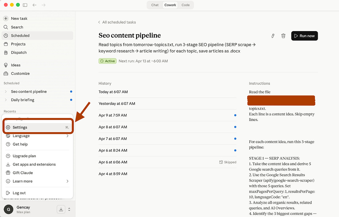Claude Desktop app settings screen showing the left sidebar navigation with the Settings option highlighted