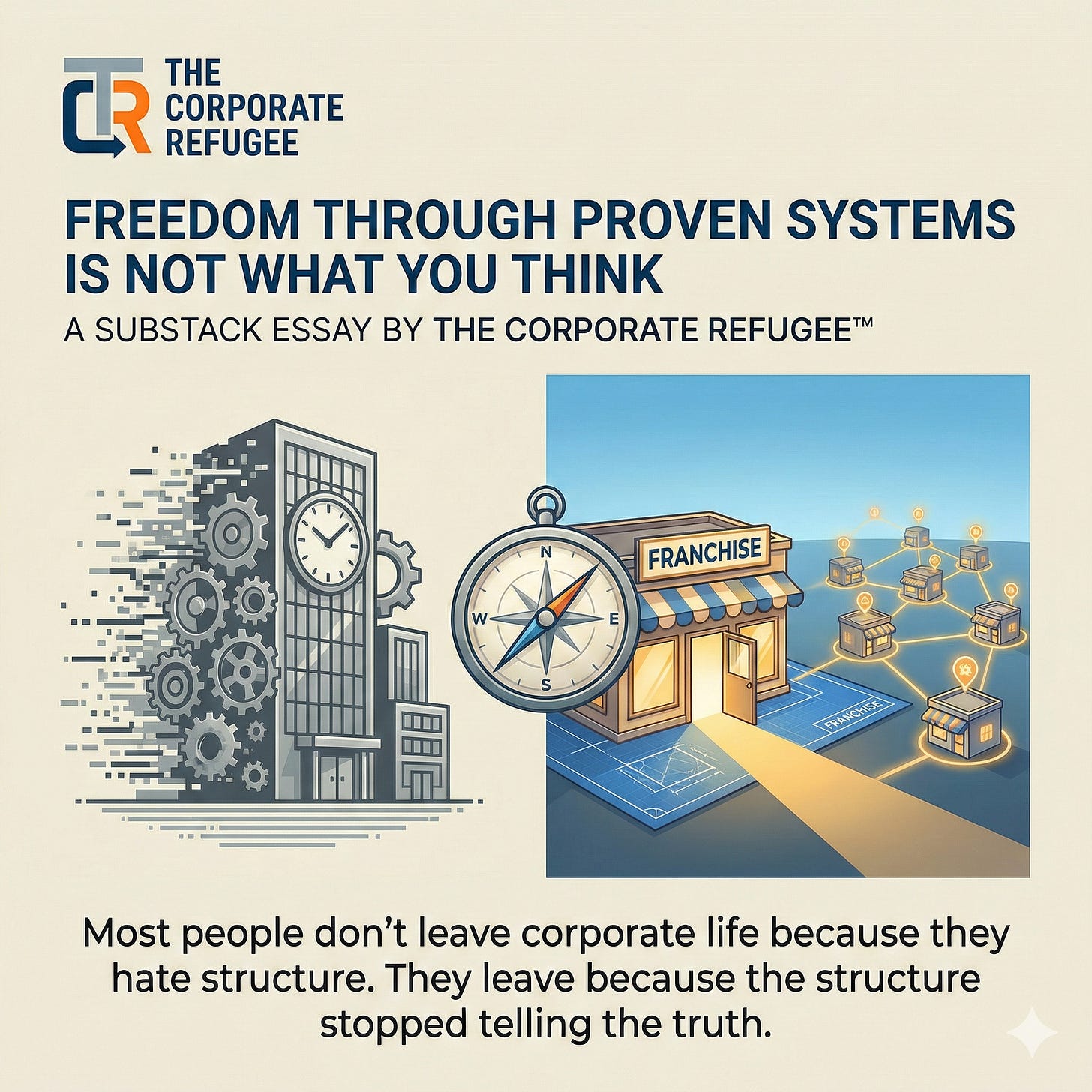 This infographic, a cover for a Substack essay by The Corporate Refugee, is titled 'Freedom Through Proven Systems Is Not What You Think.' The visual is split: on the left, a gray corporate office building with gears is disintegrating into pixels. On the right, a compass points towards a glowing 'FRANCHISE' storefront, which is connected by paths of light to a network of other franchise locations. A quote at the bottom reads: 'Most people don’t leave corporate life because they hate structure. They leave because the structure stopped telling the truth.