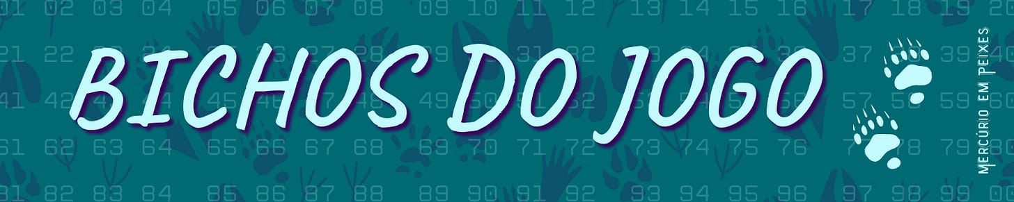 Fundo azul-petróleo com números semitransparentes em várias fontes, de 01 a 99 e 00, acompanhados de marcas de patas e silhuetas de animais. O título “Bichos do Jogo” aparece ao centro em fonte cursiva azul-clara com sombra roxa. À direita, duas pegadas de urso reforçam o tema animal. Na borda direita está escrito “Mercúrio em Peixes” na vertical.