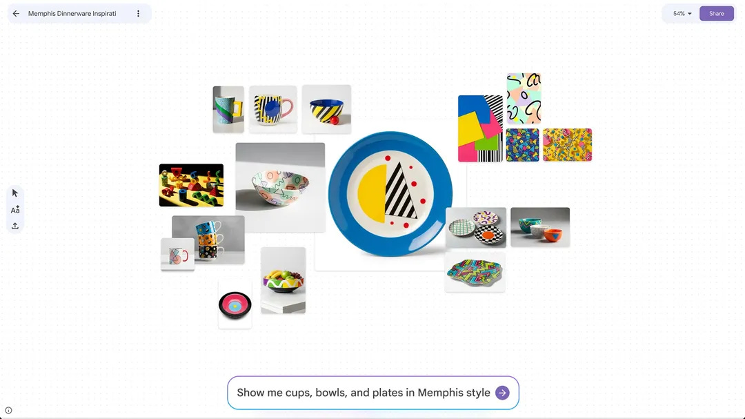 Collection of dinnerware featuring bold, abstract geometric patterns and bright colors characteristic of the Memphis design style.