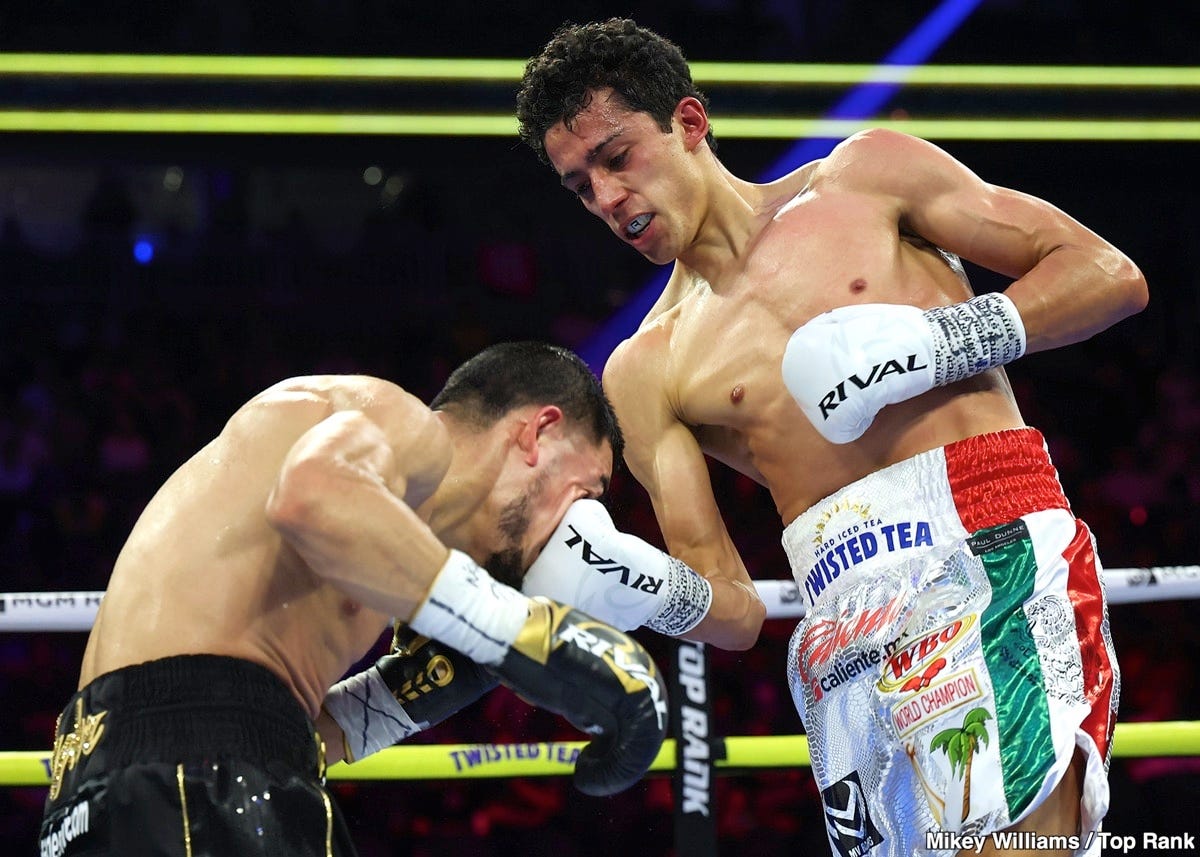 Image: Boxing Results: Rafael Espinoza's Relentless Onslaught: Volume Overwhelms Edward Vazquez in WBO Featherweight Title Defense