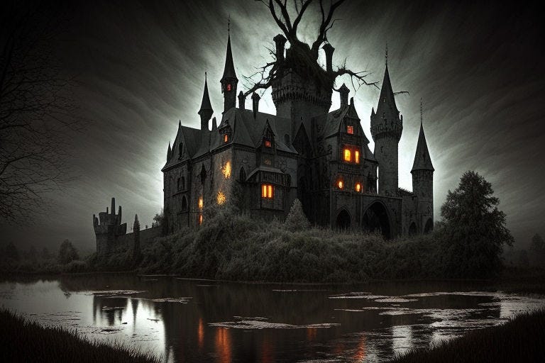 Prompt: real photo, dark art, a gothic castle, creepy dark night nature death landscape, hdr, 8k, intricate, masterpiece, medieval decoration, blood swamp creek