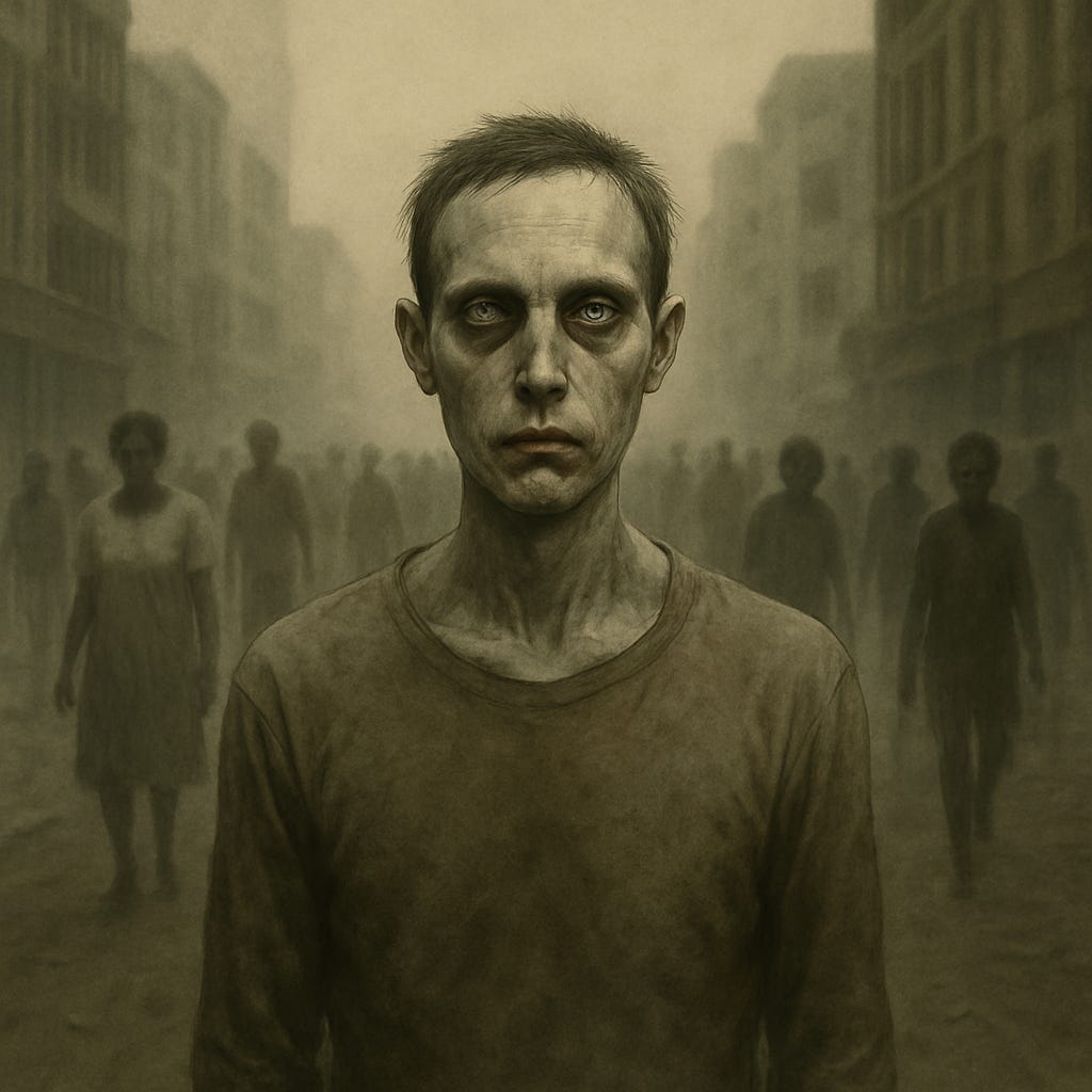 A gaunt, waxy-skinned figure with pale grey eyes stands in the middle of a desolate city street. Behind them, blurry faceless shapes shuffle aimlessly through the fog, their bodies indistinct and zombie-like. The figure’s expression is hollow but aware, the only sign of consciousness in a world of the dead.