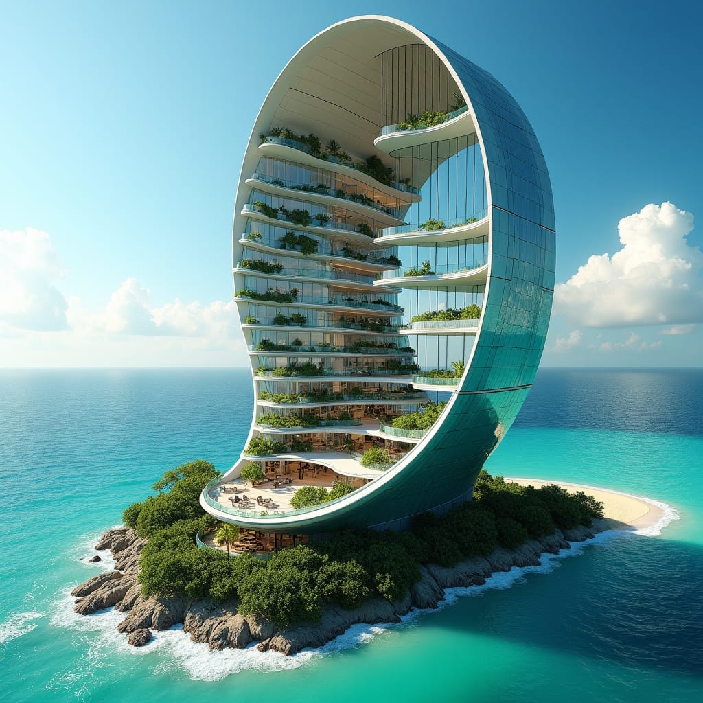 A futuristic, spiral commercial building, resembling a gargantuan seashell, emerges from Jamaica's coastline, its glass façade mirroring the turquoise ocean and cerulean sky. As the structure ascends, it tapers, with a central, lush atrium, teeming with tropical flora, spiraling upward. Offices and retail spaces, adorned with sleek, modern furnishings, line the outer shell, offering breathtaking, 360-degree views of the sea. Rooftop terraces, suspended above the beach, provide outdoor lounges with unhindered vistas.