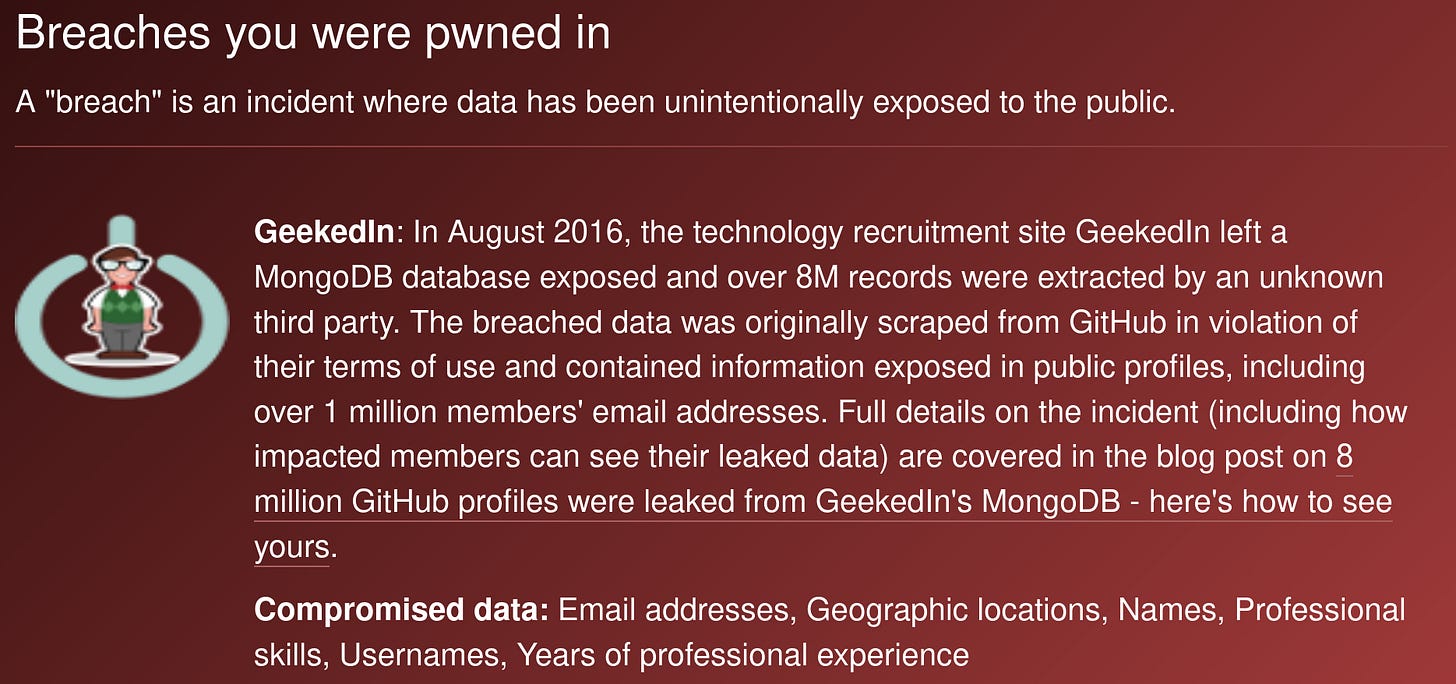 Have I Been Pwned (HIBP) website warning of Geekedin