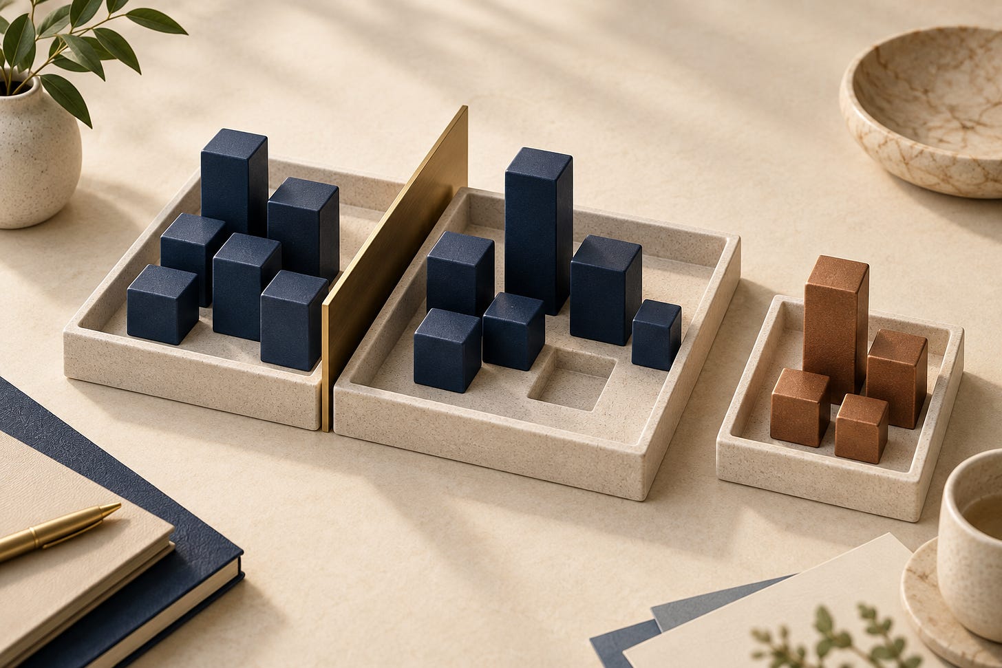 Conceptual illustration of navy blocks in two comparison trays beside a separate tray of copper blocks. Conceptual illustration of navy blocks in two comparison trays beside a separate tray of copper blocks.