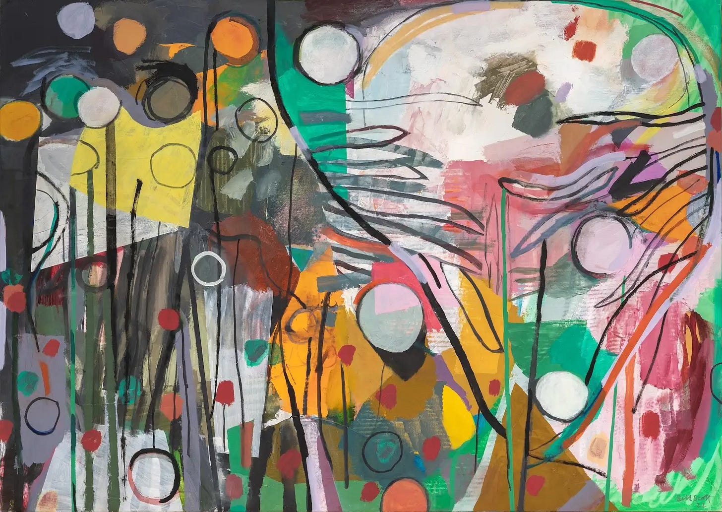 Colorful abstract painting of circles and rectilinear elements by Bill Scott. 