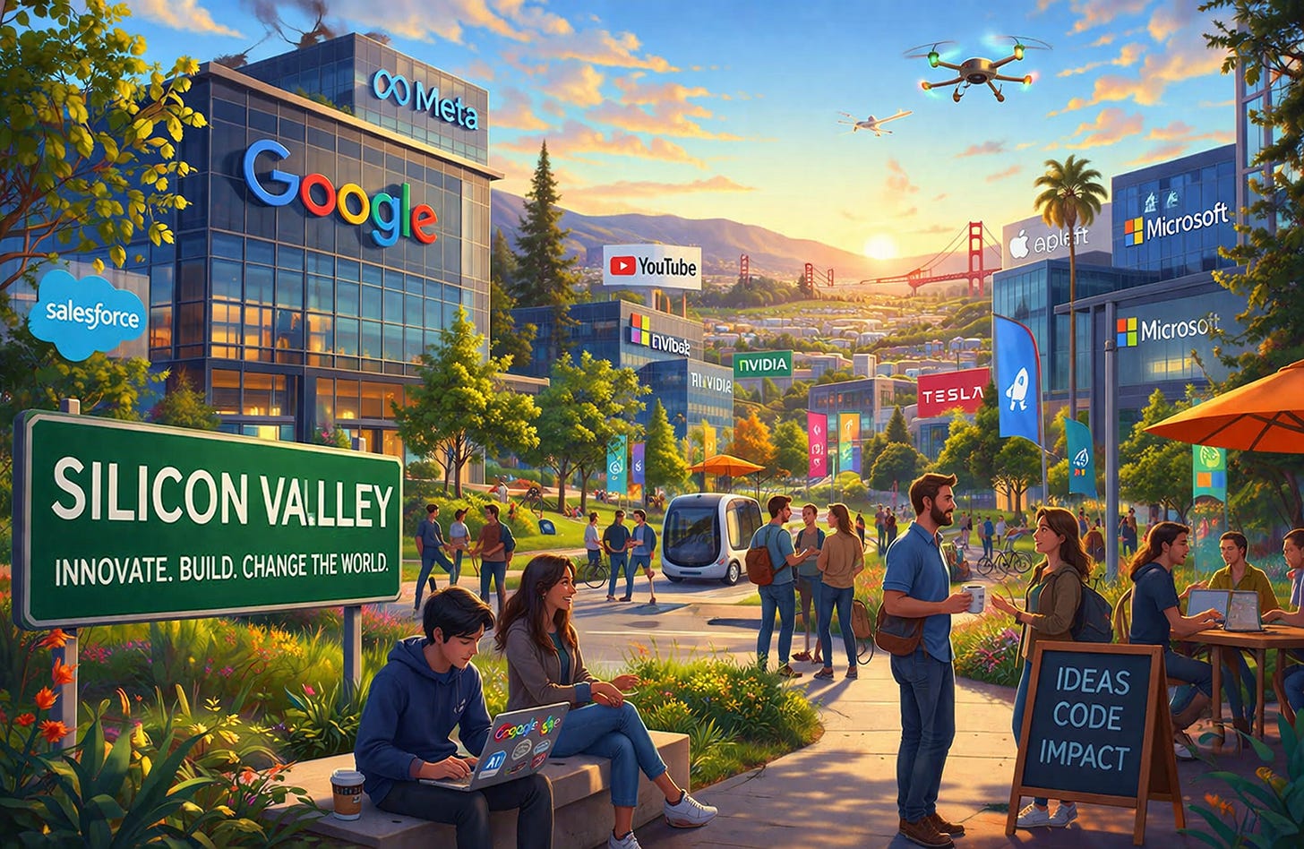 Silicon Valley startup ecosystem illustration with major tech companies Silicon Valley startup ecosystem illustration with major tech companies