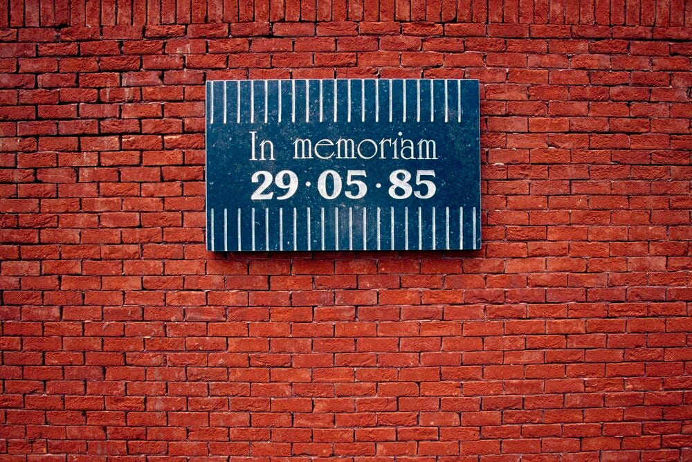 The plaque at Stade Roi Baudouin in Brussels commemorating the 39 lives lost in the Heysel Stadium disaster The plaque at Stade Roi Baudouin in Brussels commemorating the 39 lives lost in the Heysel Stadium disaster