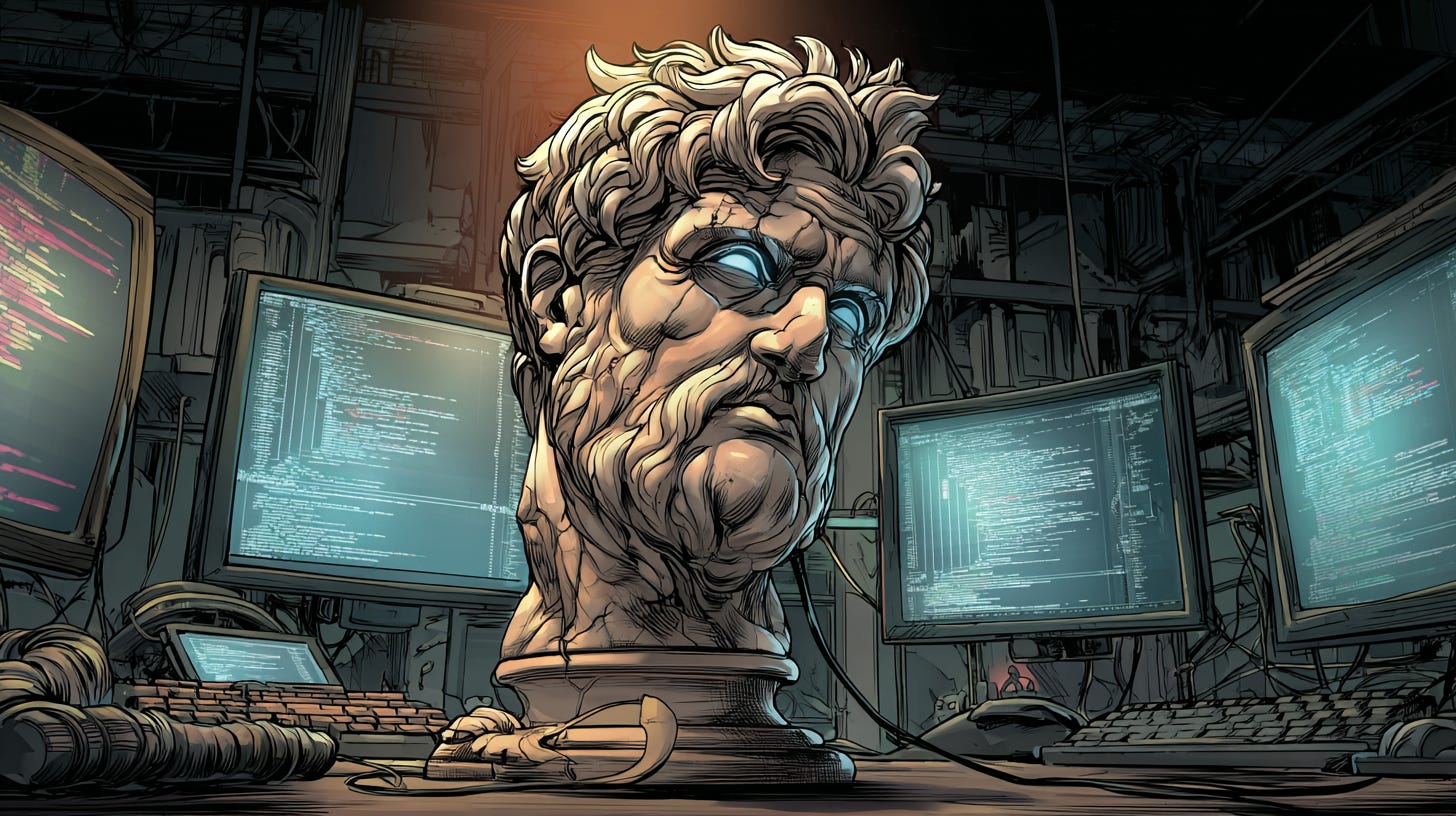 A marble bust of a Roman Stoic philosopher positioned on a modern developer's desk, surrounded by multiple glowing monitors displaying code,